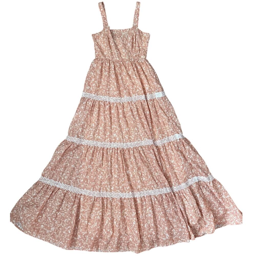 Aura Floral Eyelet Lace Sleeveless Tiered Maxi Dress Pink Pockets Size XS - Picture 2 of 11
